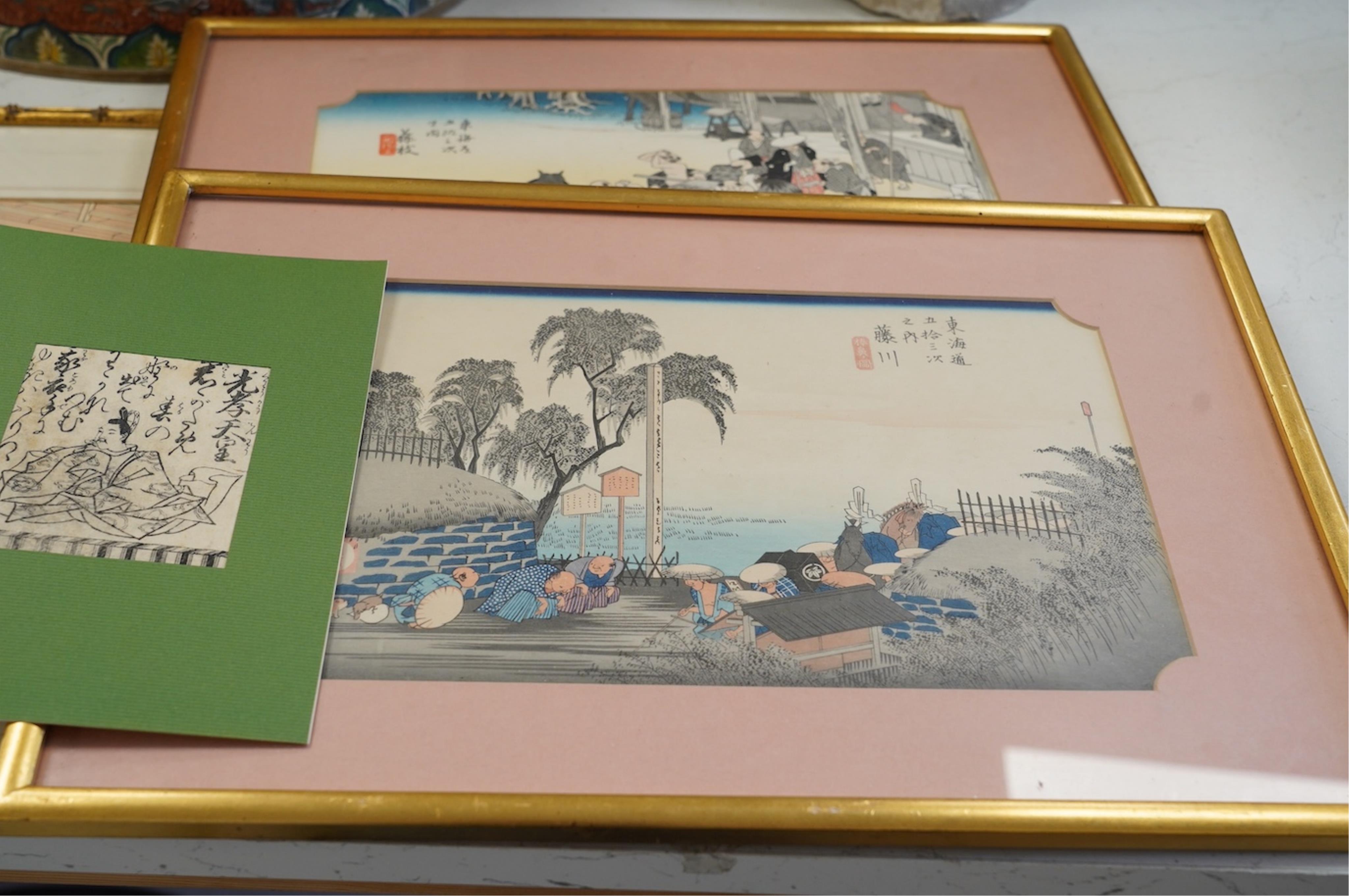 Three Japanese prints, a pair of prints, 25cm x 32cm, and a hand blocked print in an envelope. Condition - good